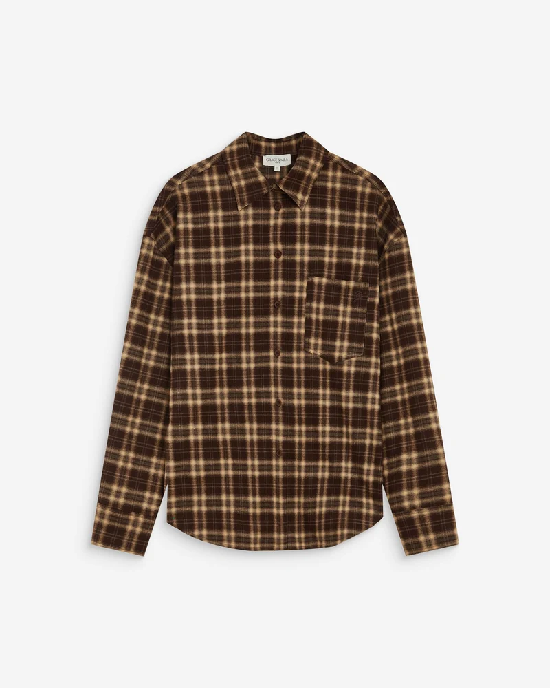 Chemise oversize dos à nouer à carreaux chocolat Arlette