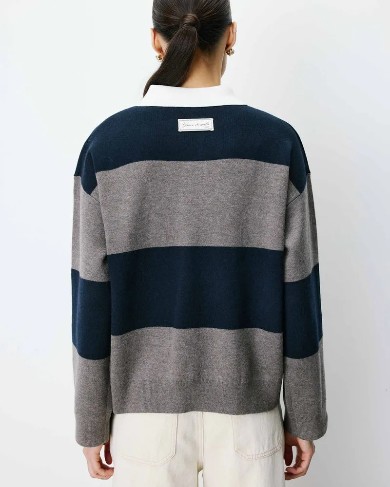 Pull polo ample à larges rayures marine Astre