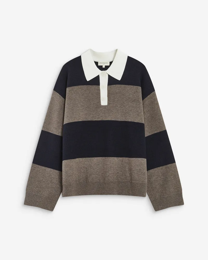 Pull polo ample à larges rayures marine Astre