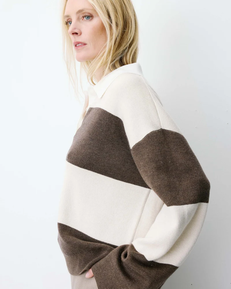Pull polo ample à larges rayures sable Astre