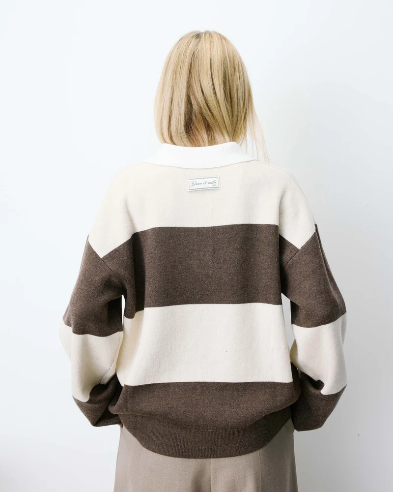 Pull polo ample à larges rayures sable Astre