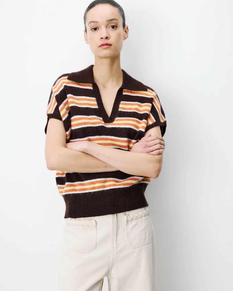 Pull rayé oversize col polo chocolat Aizen