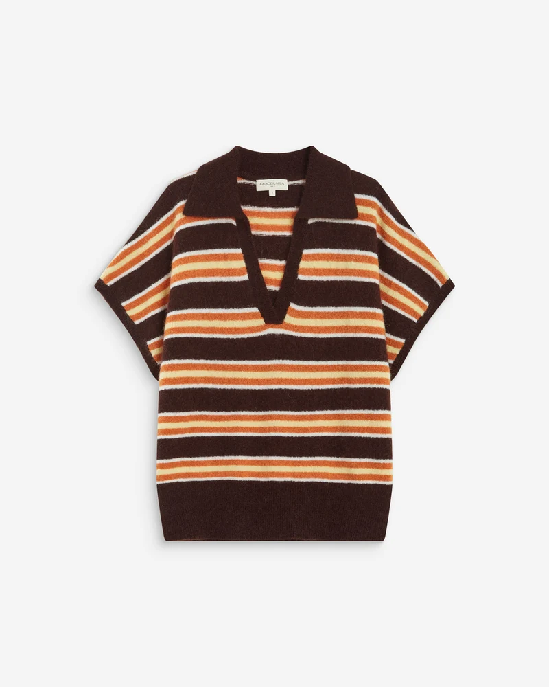 Pull rayé oversize col polo chocolat Aizen