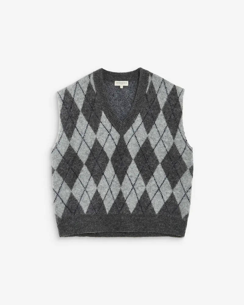 Pull sans manches en maille à losanges anthracite Arelio