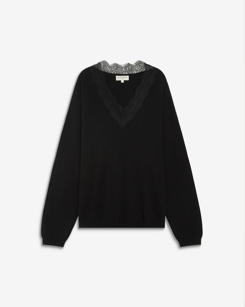 Pull en maille à col V en dentelle noir Augustin