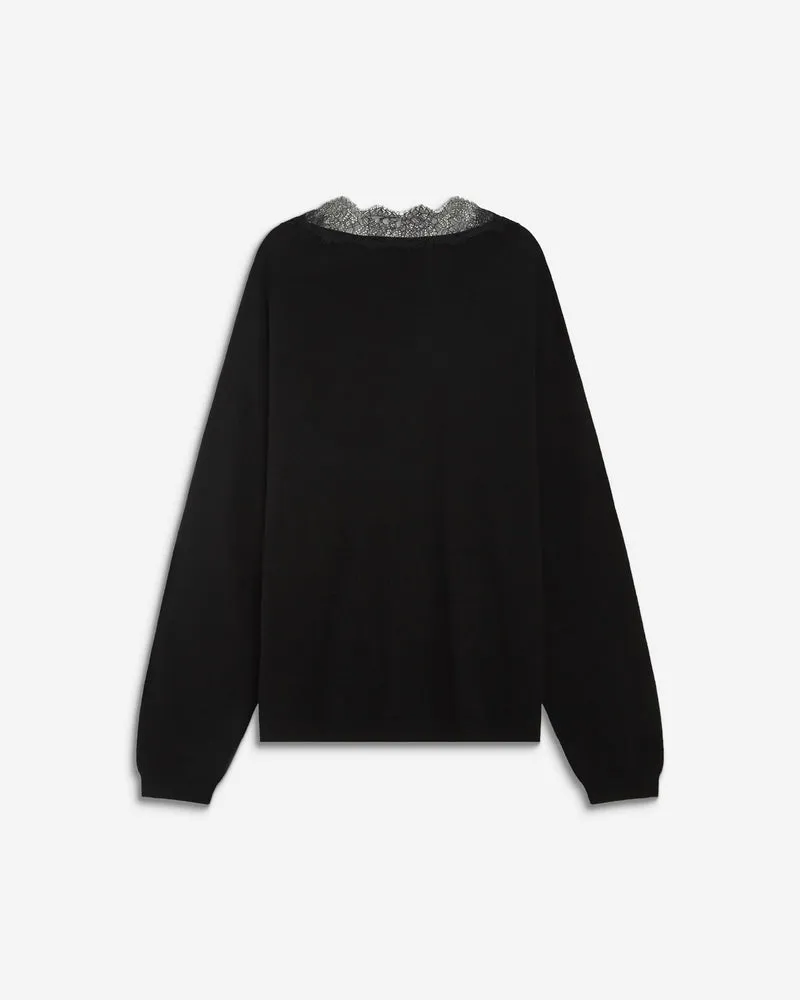 Pull en maille à col V en dentelle noir Augustin