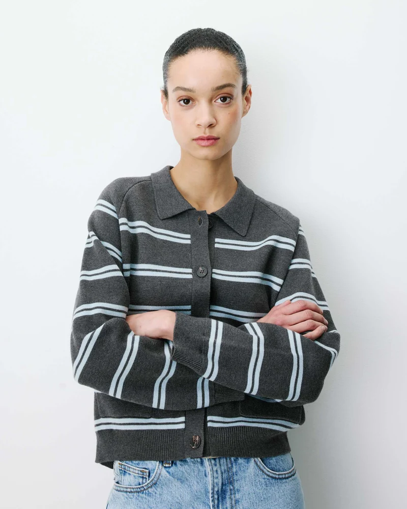 Cardigan rayé en maille col chemise anthracite Ardenis