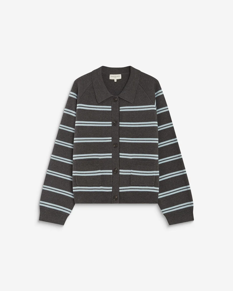 Cardigan rayé en maille col chemise anthracite Ardenis