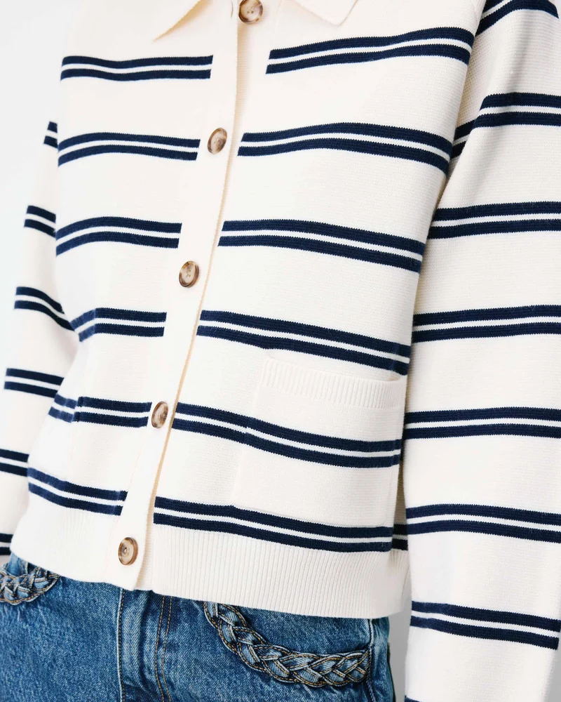 Cardigan rayé en maille col chemise ecru Ardenis