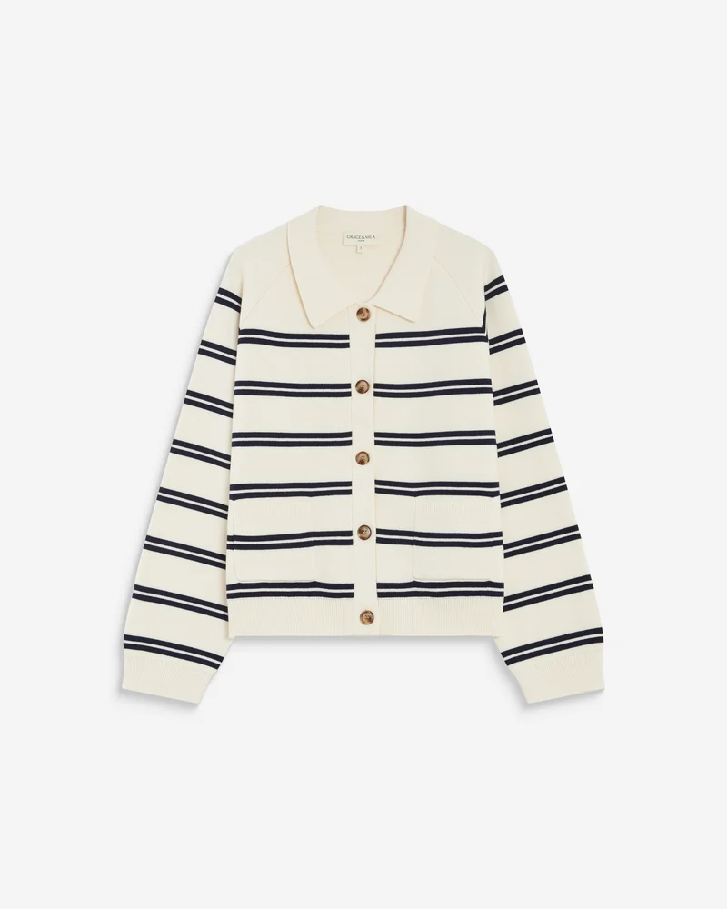 Cardigan rayé en maille col chemise ecru Ardenis