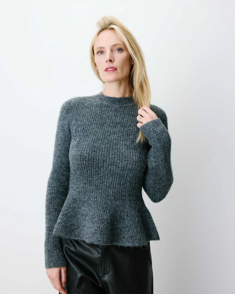 Pull peplum en maille côtelée col cheminée anthracite Alvar