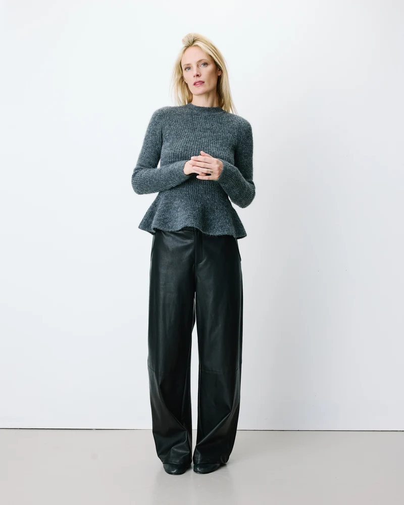 Pull peplum en maille côtelée col cheminée anthracite Alvar