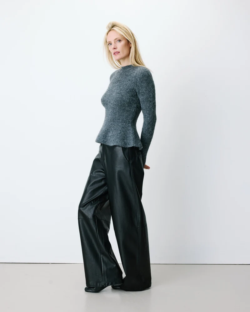 Pull peplum en maille côtelée col cheminée anthracite Alvar