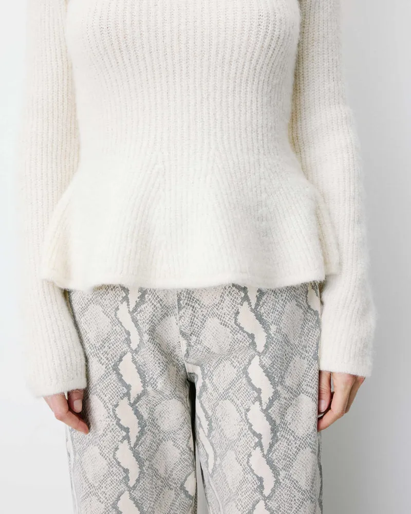 Pull peplum en maille côtelée col cheminée ecru Alvar