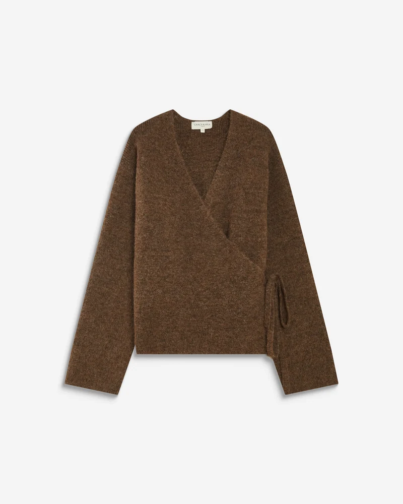 Cardigan cache-cœur nouable en maille chocolat Anior