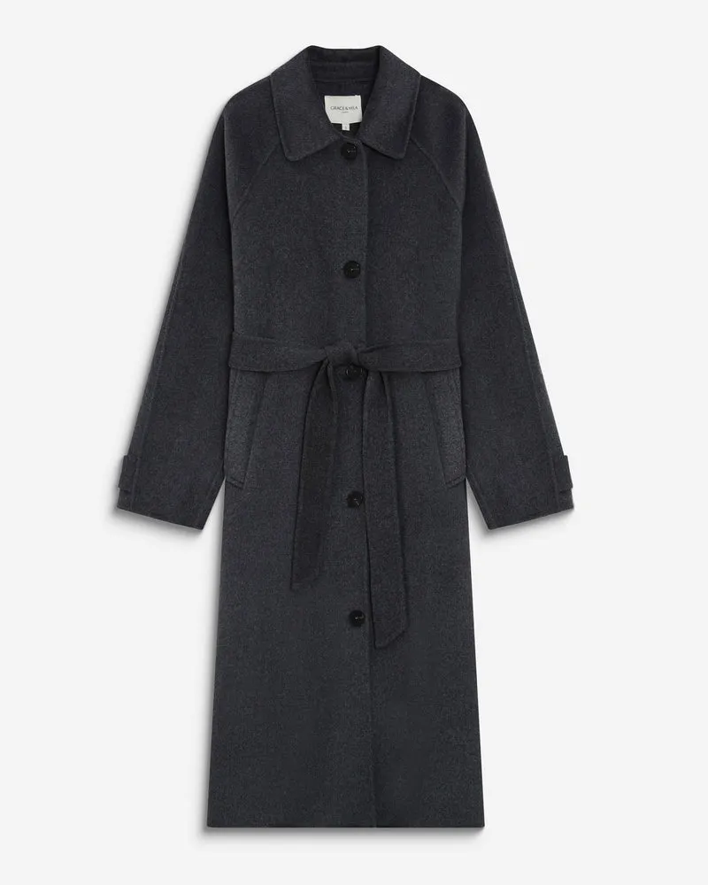 Manteau long en laine mélangée ceinturé anthracite Adam