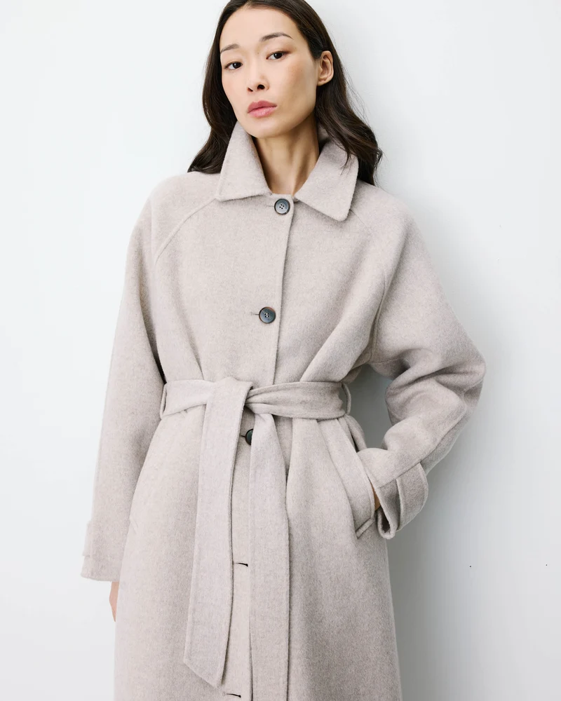 Manteau long en laine mélangée ceinturé sable Adam