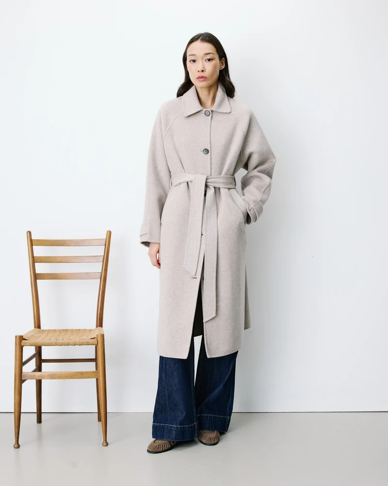 Manteau long en laine mélangée ceinturé sable Adam