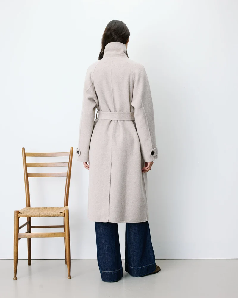 Manteau long en laine mélangée ceinturé sable Adam