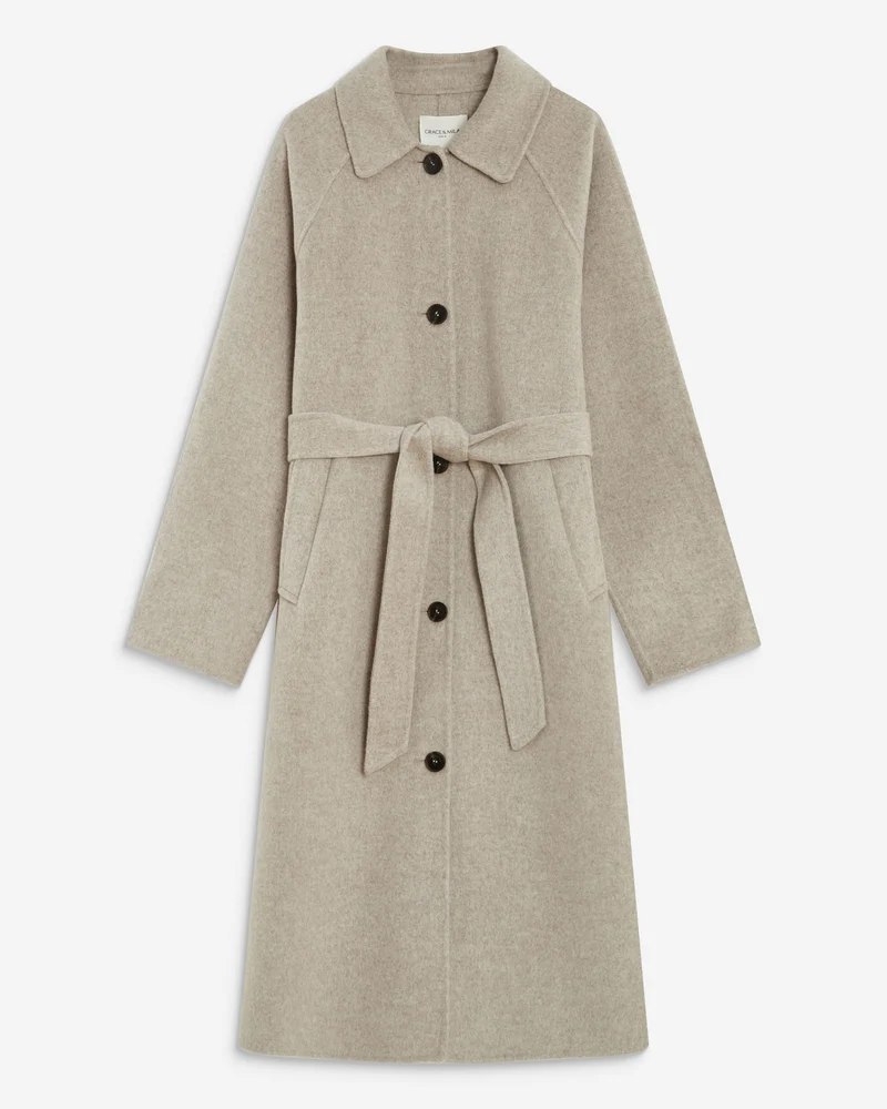 Manteau long en laine mélangée ceinturé sable Adam