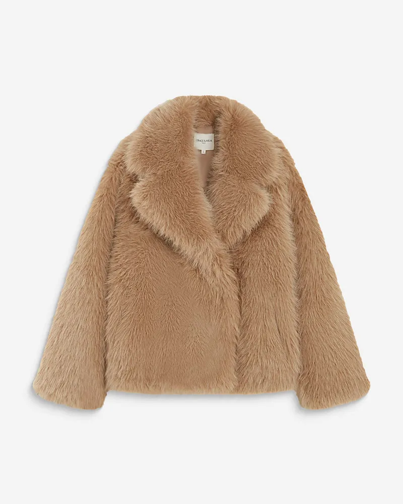 Manteau fausse fourrure croisé beige Amy