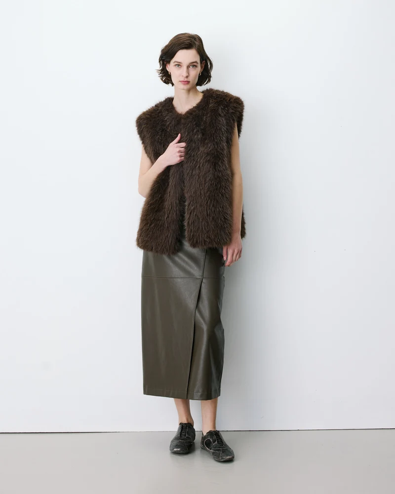 Veste droite sans manches en fausse fourrure chocolat Aelio