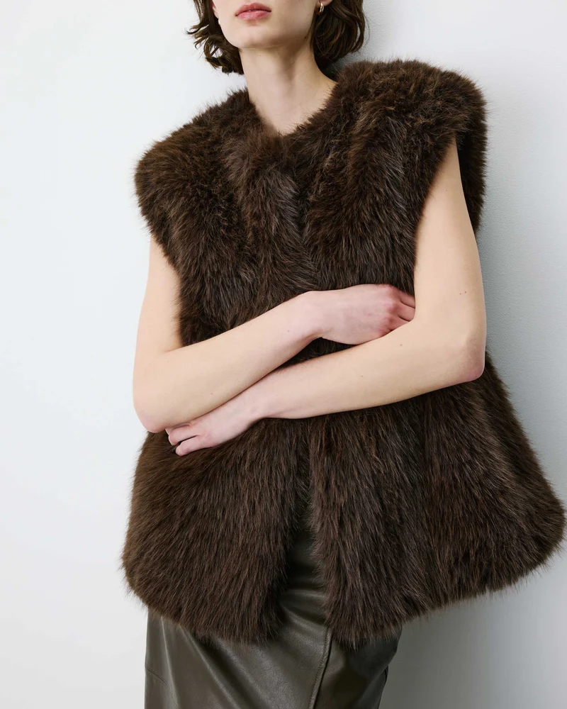 Veste droite sans manches en fausse fourrure chocolat Aelio