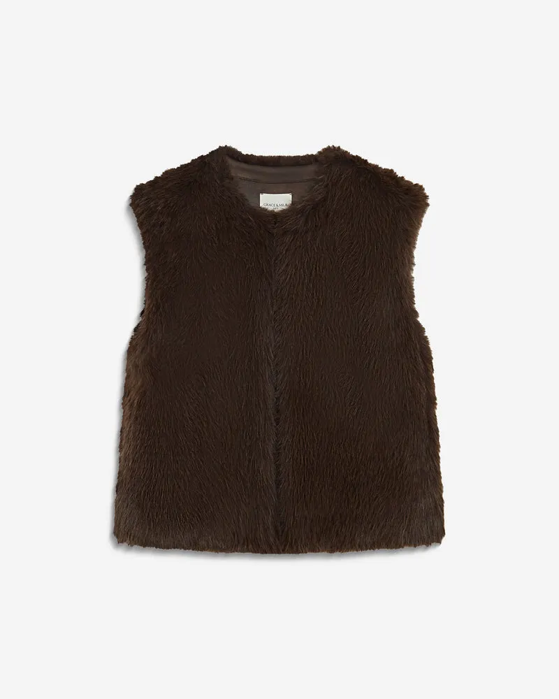 Veste droite sans manches en fausse fourrure chocolat Aelio