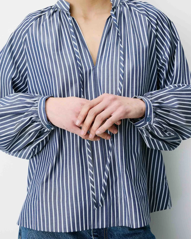Blouse à rayures col mao à nouer marine Albane