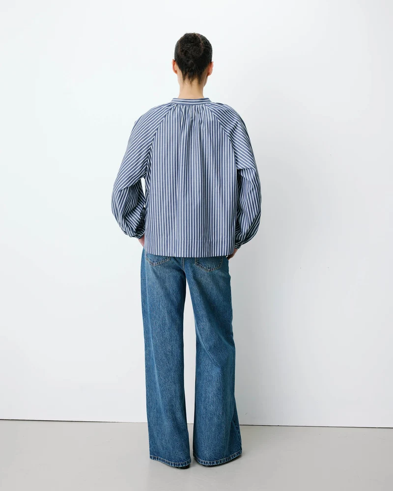 Blouse à rayures col mao à nouer marine Albane