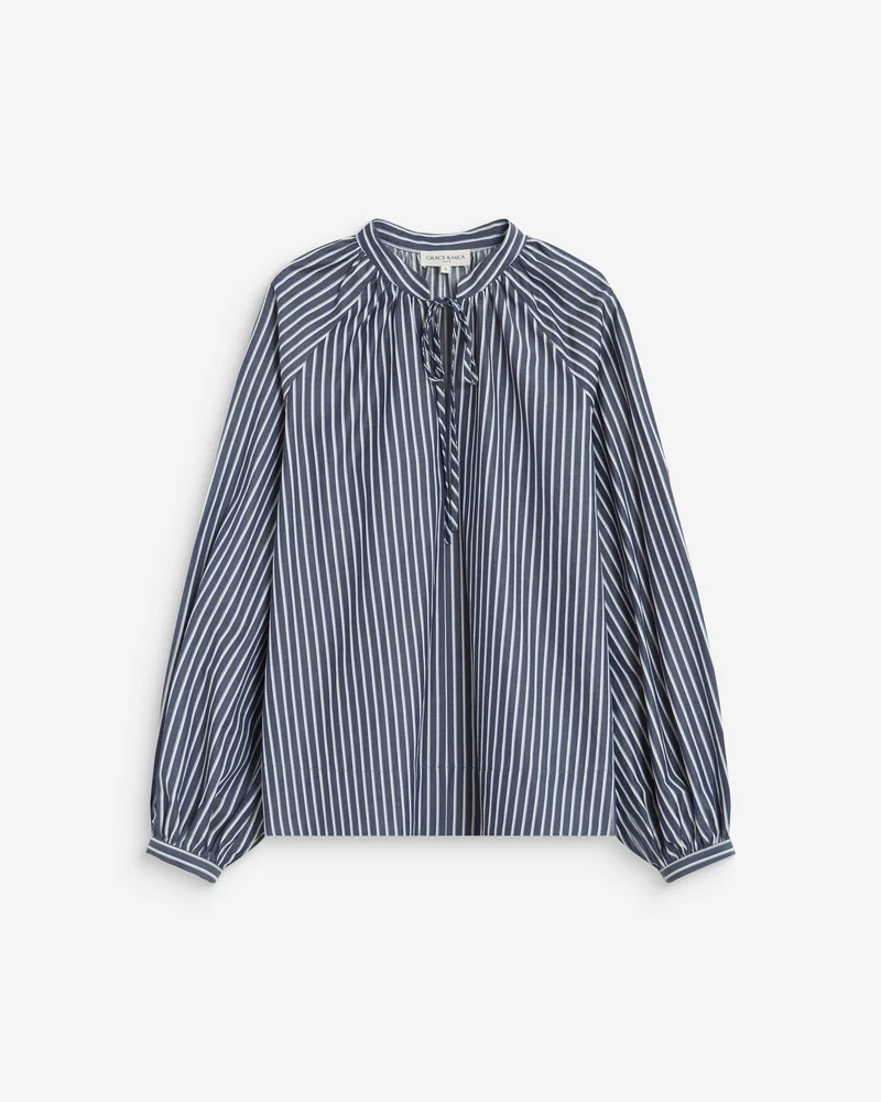 Blouse à rayures col mao à nouer marine Albane