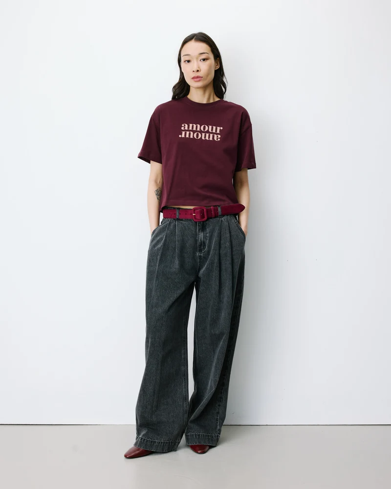 T-shirt en coton manches courtes à inscription aubergine Anis