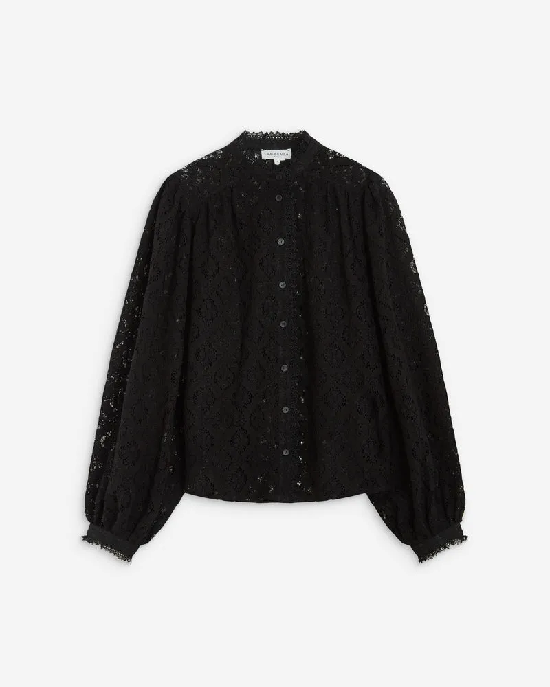 Blouse ample en dentelle boutonnée noir Anita