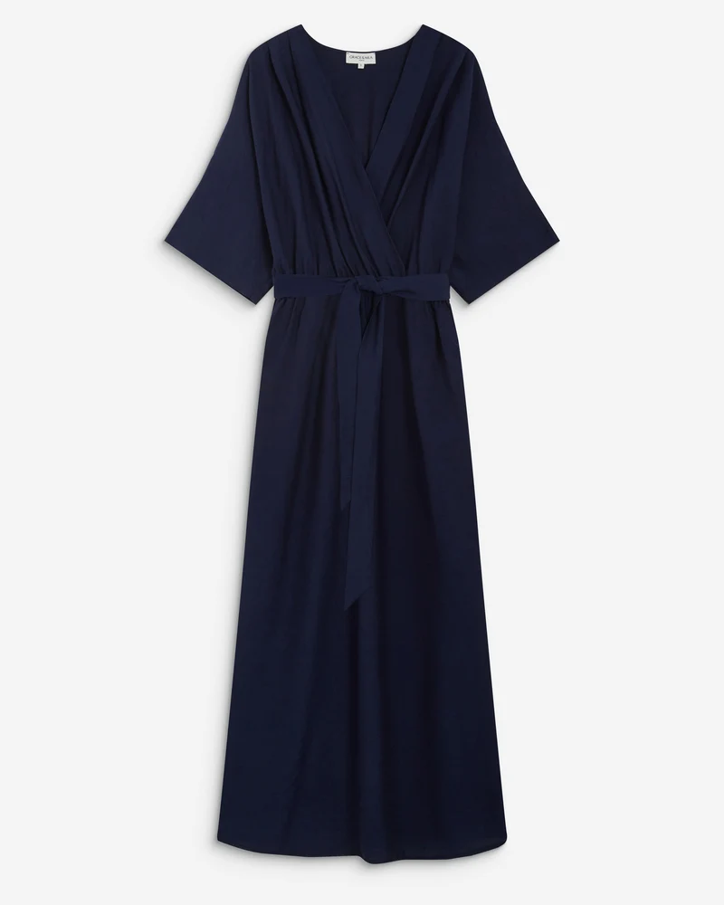 Robe longue évasée col V croisé marine Amelia