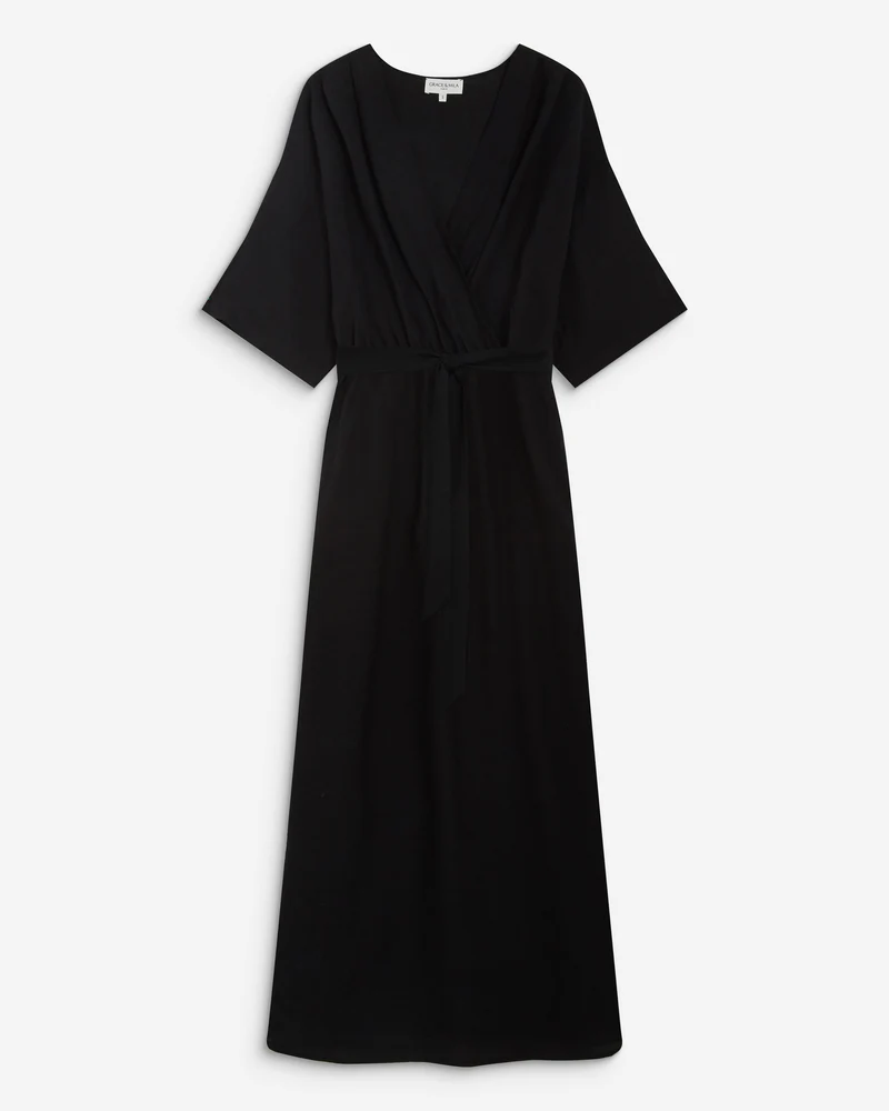 Robe longue évasée col V croisé noir Amelia