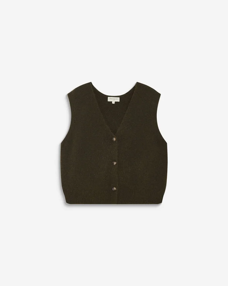 Cardigan sans manches boutonné col V kaki Nars