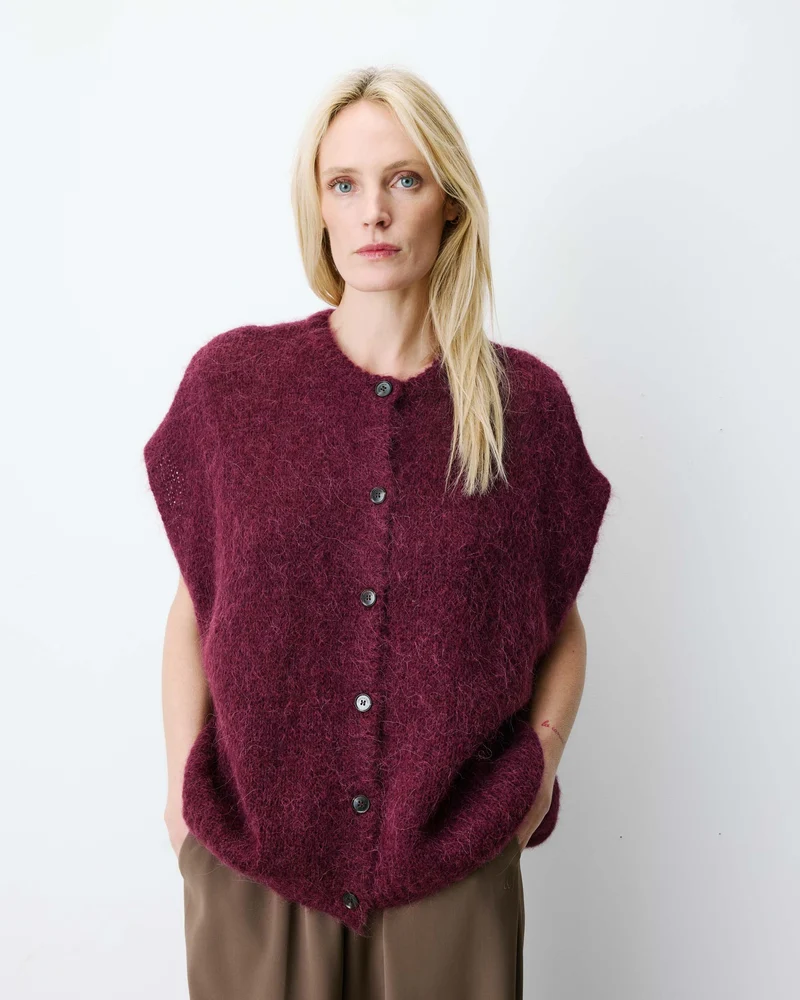 Cardigan loose sans manches col rond aubergine Addison
