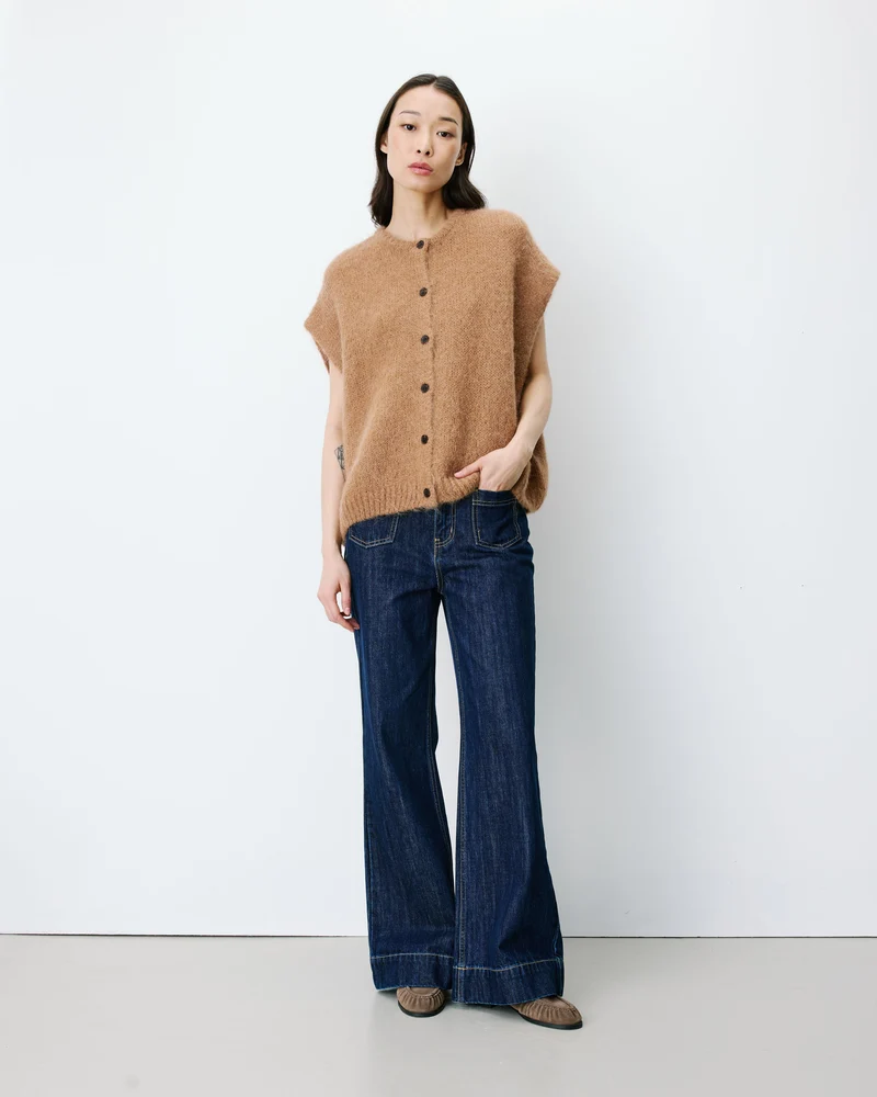 Cardigan loose sans manches col rond camel Addison