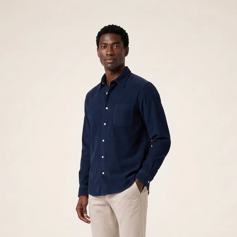 Chemise manches longues 100% coton milleraies bleu marine foncé