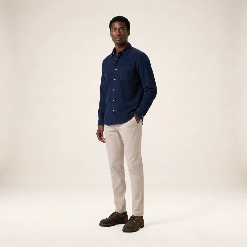 Chemise manches longues 100% coton milleraies bleu marine foncé