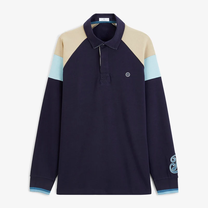 Polo rugby manches longues raglan coton badge brodé bleu marine foncé