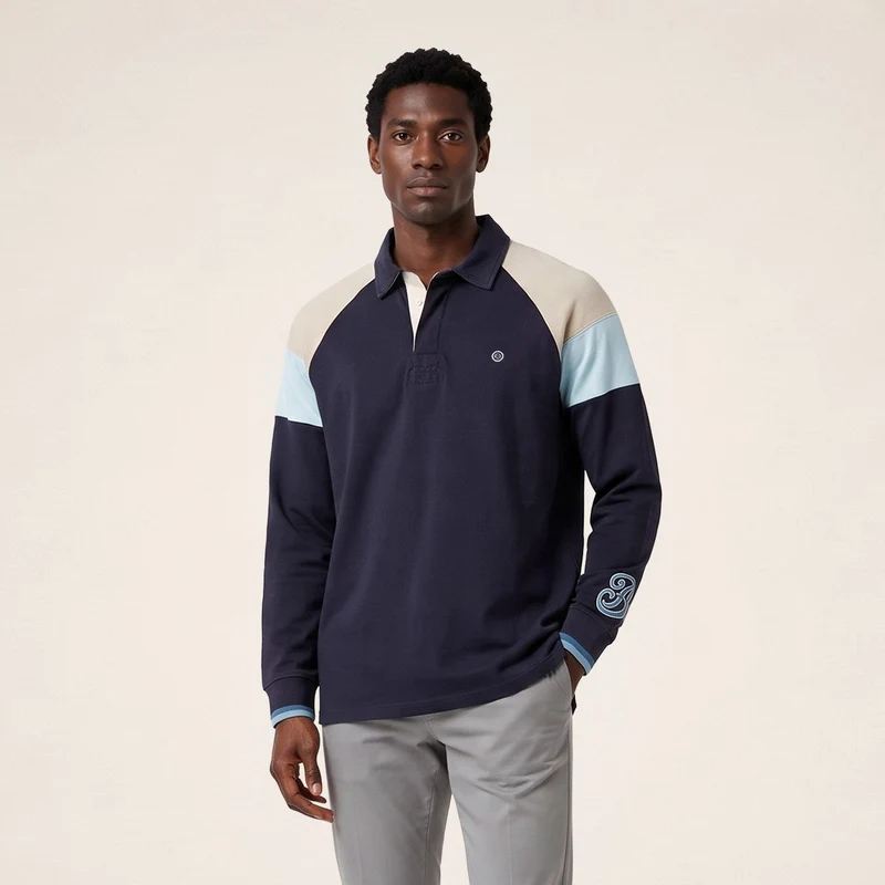 Polo rugby manches longues raglan coton badge brodé bleu marine foncé