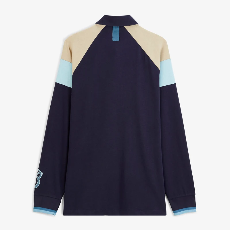 Polo rugby manches longues raglan coton badge brodé bleu marine foncé