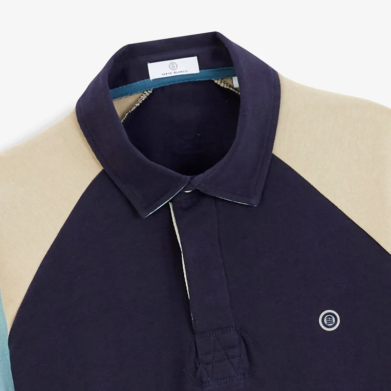 Polo rugby manches longues raglan coton badge brodé bleu marine foncé