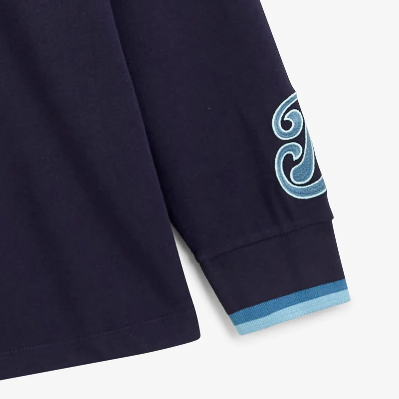 Polo rugby manches longues raglan coton badge brodé bleu marine foncé