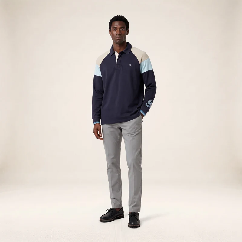 Polo rugby manches longues raglan coton badge brodé bleu marine foncé