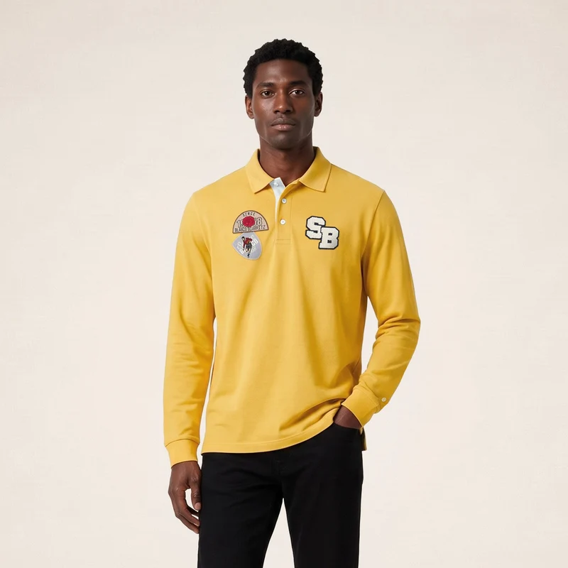 Polo rugby manches longues badges brodés coton jaune moutarde