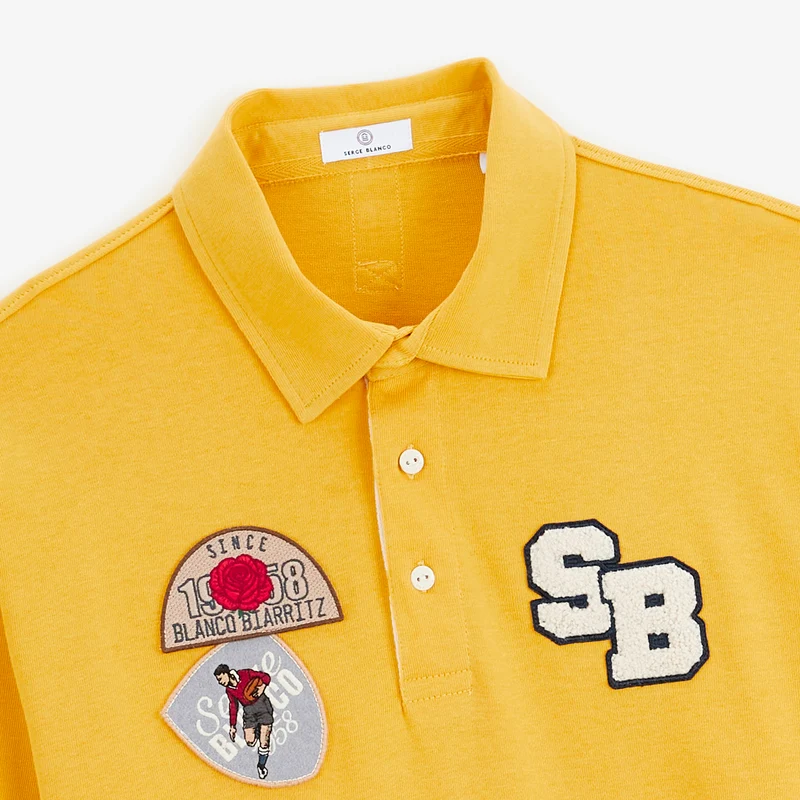 Polo rugby manches longues badges brodés coton jaune moutarde