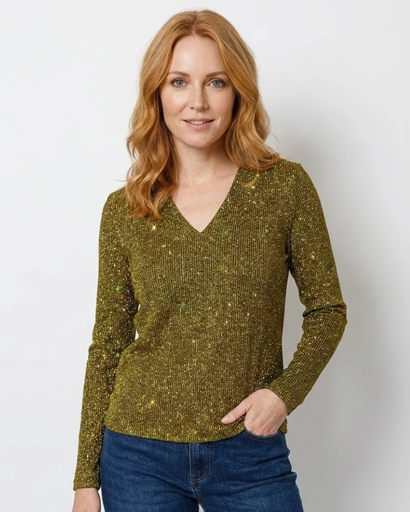 Zane Original Blouse Femme Col V – Blouse Légère Pailletée Élégante pour Printemps & Été