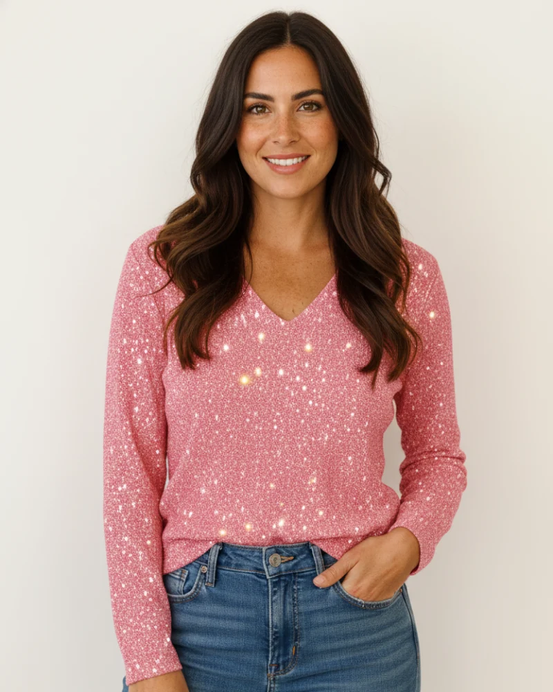 Zane Original Blouse Femme Col V – Blouse Légère Pailletée Élégante pour Printemps & Été